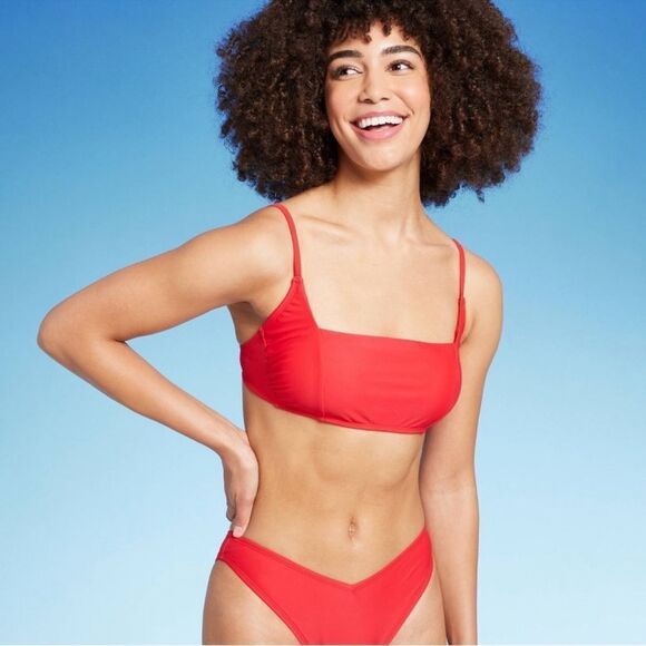 NWT Wild Fable Medium (8-10) Red Square Neck Bralette Bikini Swim Top - Picture 3 of 8
